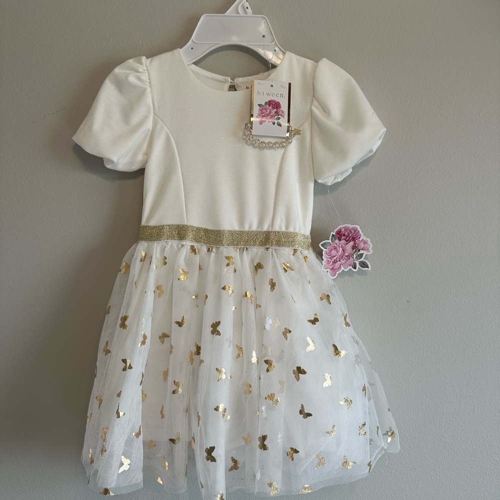 btween White and Gold Ruffled Fit and Flare Dress
